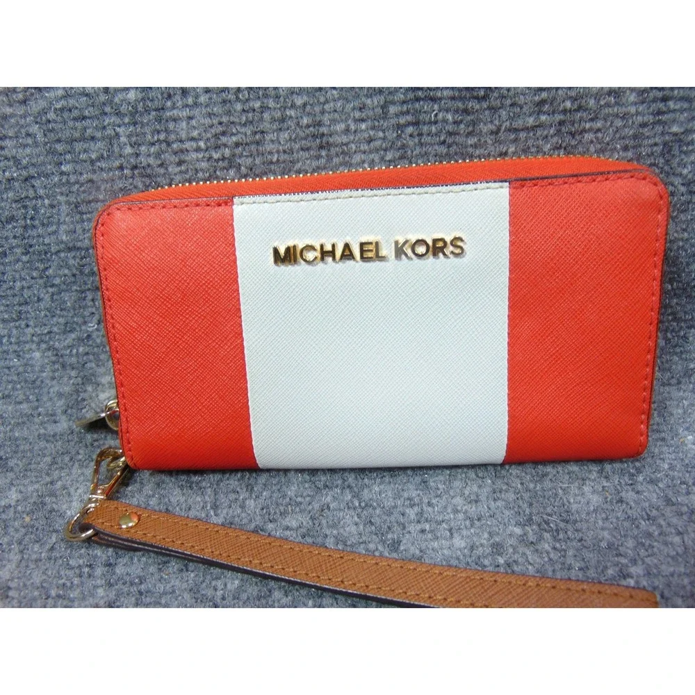 Michael Kors Orange White Stripe Zip Around Wristlet Wallet Clutch Gold Hardware - Picture 2 of 15